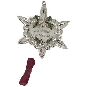 Ornament Our First Christmas Snowflake Silver Holly Berry Gorham Hang Ribbon NEW
